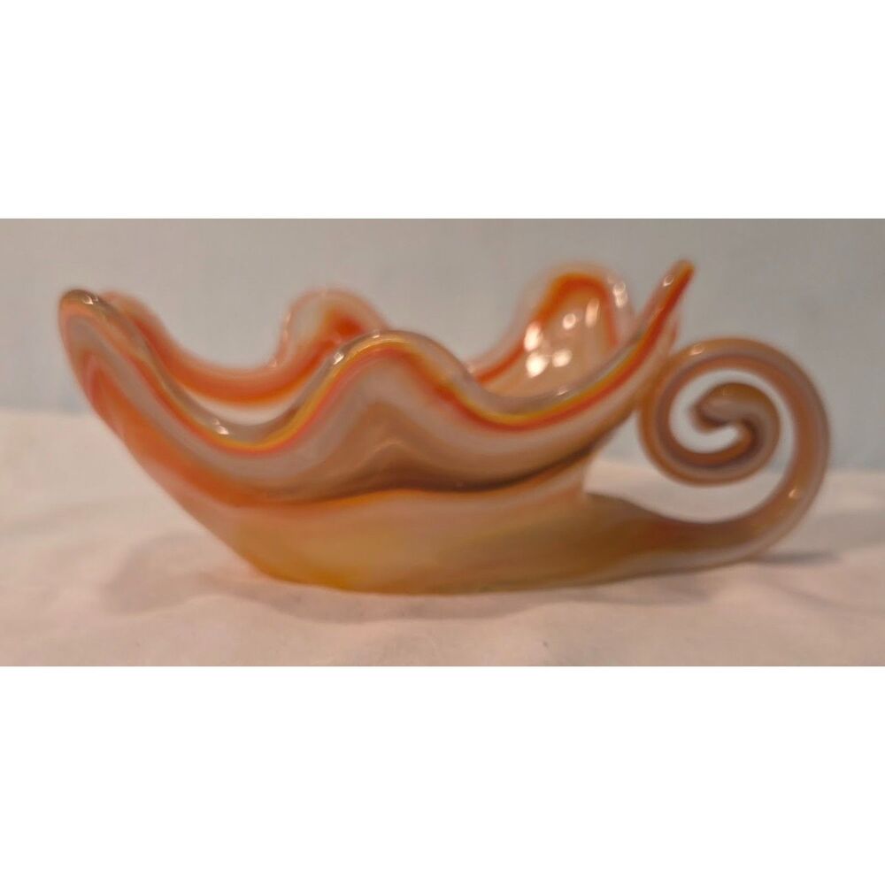 Vintage Murano Style Art Glass Cornucopia Vase Orange Pink Swirl